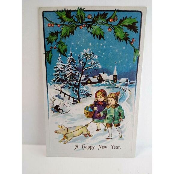 New Years Postcard Children Walking Pig Embossed Vintage Original Germany 1217 - Picture 2 of 3